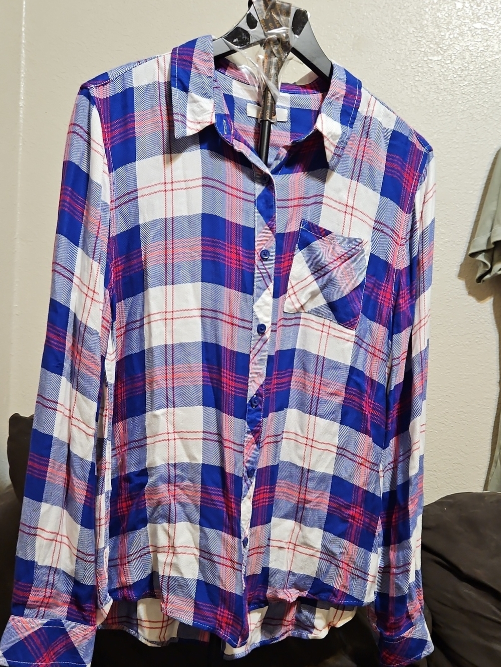 Women's Blue, White & Pink Plaid Button-Down Shirt